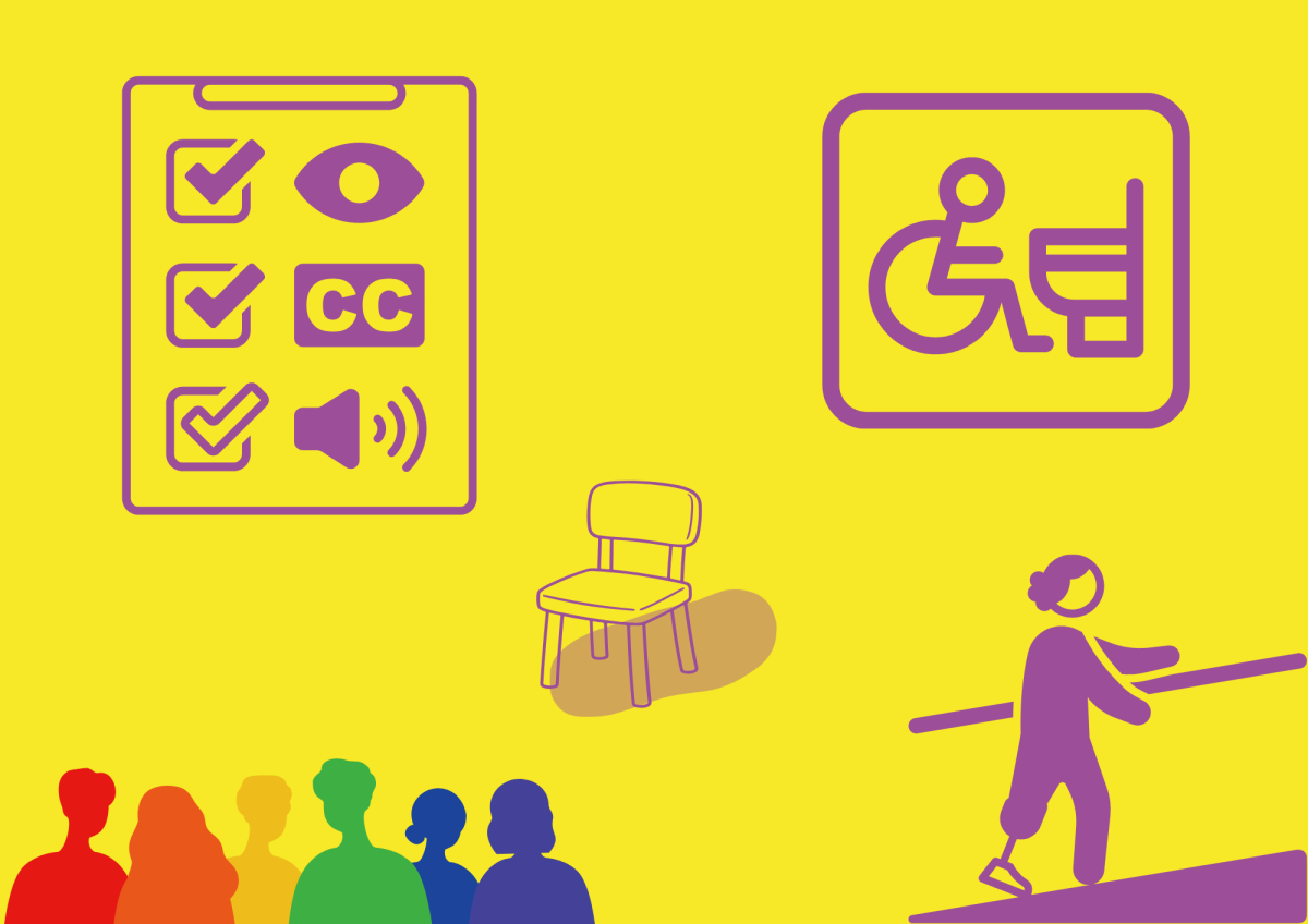 Illustration sur l'accessibilité : une checklist de critères (vue, sous-titres, son), un pictogramme d'accessibilité, une chaise vide, une personne avec une prothèse montant une rampe, et un groupe de silhouettes colorées aux couleurs de l'arc-en-ciel