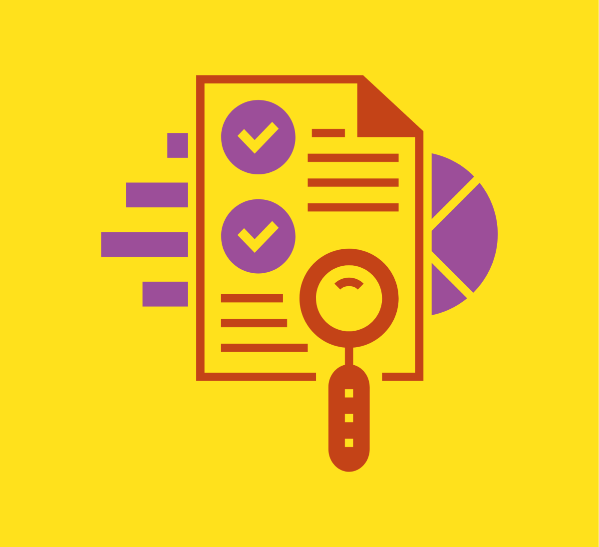 Pictogramme d'un rapport d'audit avec cases cochées, loupe et graphiques (barres et camembert), symbolisant l'audit SEO et langage clair.