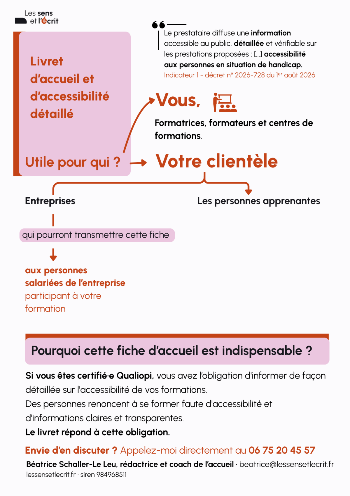 Flyer "Livret d'accueil et d'accessibilité" pour formatrices, formateurs et centres de formation, avec la citation de l'indicateur 1 Qualiopi.