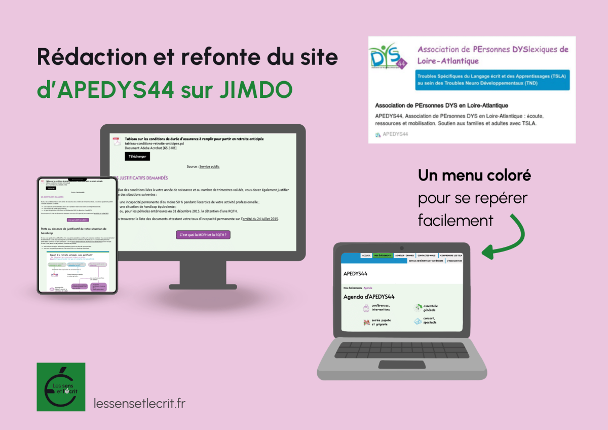 Visuel présentant le projet de rédaction et refonte du site d'APEDYS44 sur Jimdo : captures du site sur ordinateur, tablette et laptop, avec le logo de l'association.