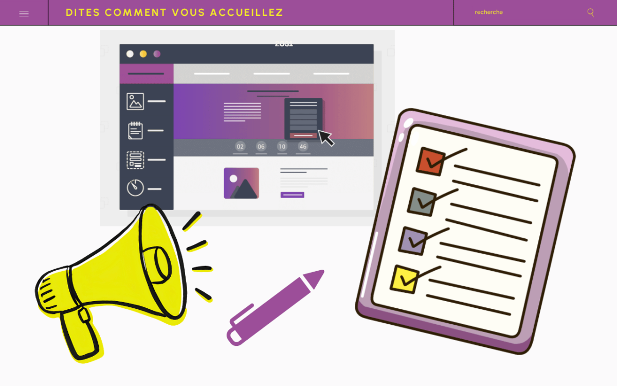 Illustration du site "Dites comment vous accueillez" : une maquette de page web, un porte-voix et une liste de vérification pour communiquer sur son accueil.